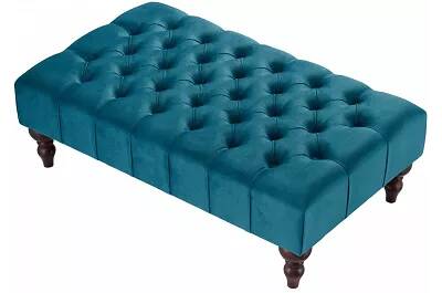 Table basse en velours capitonné bleu et bois de hêtre wengé 120x60