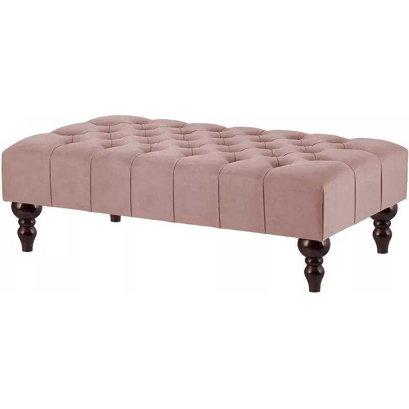 Table basse en velours capitonné rose poudré et bois de hêtre wengé 100x60