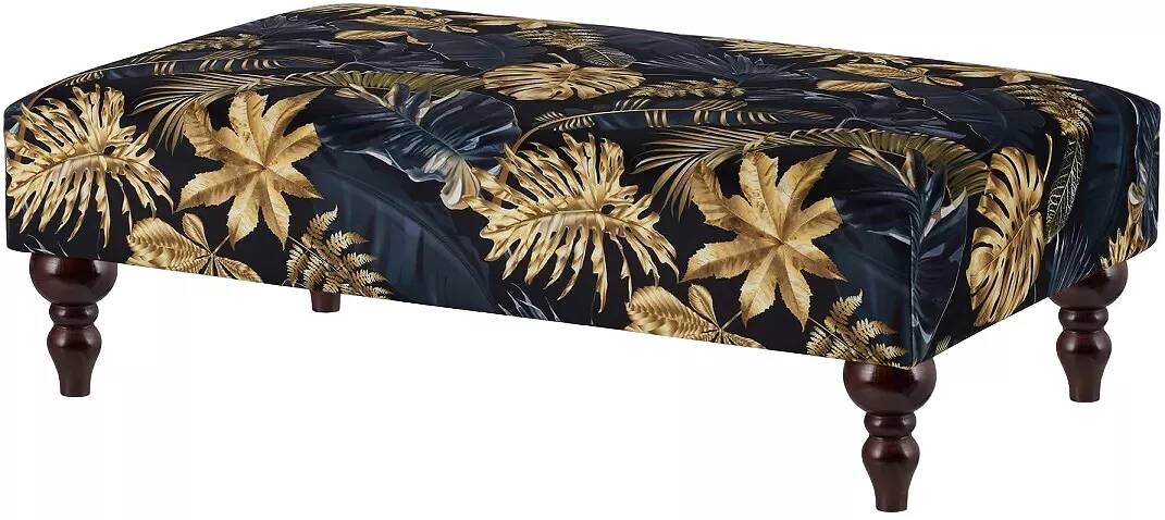 Table basse en tissu feuilles bleu et doré et bois de hêtre wengé 60x60