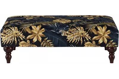 Table basse en tissu feuilles bleu et doré et bois de hêtre wengé 80x60