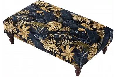Table basse en tissu feuilles bleu et doré et bois de hêtre wengé 100x60