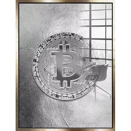 Tableau acrylique Bitcoin argenté doré antique