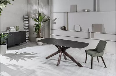 Table à manger aspect marbre noir et noyer massif 180X90
