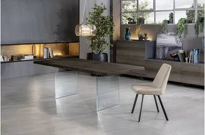 Table à manger en bois massif chêne marron foncé et verre 160X90