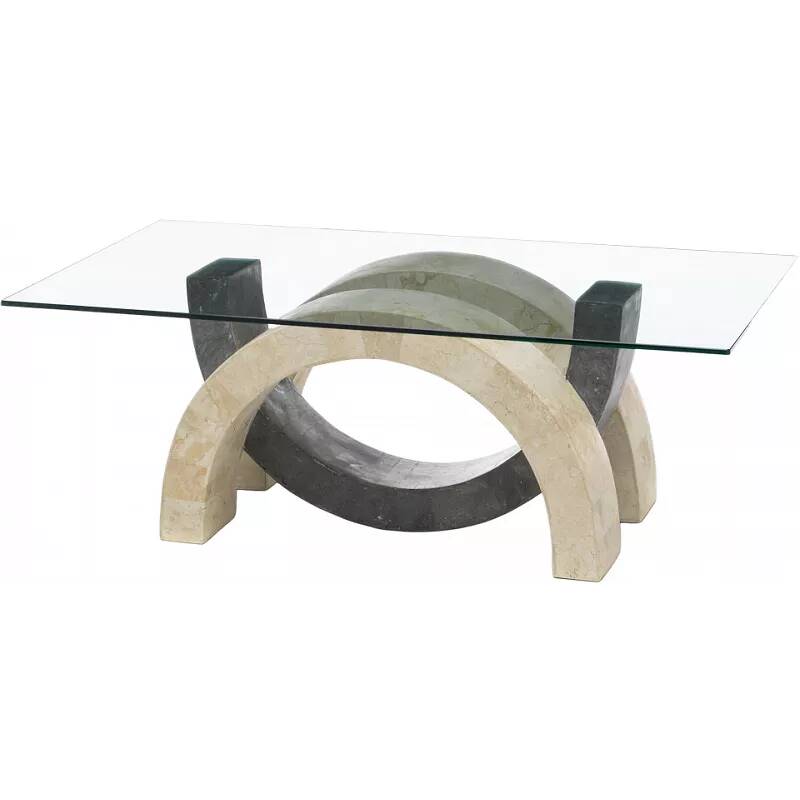 Table basse en verre, pierre fossile et agate blanche gris et beige