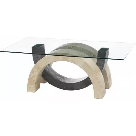 Table basse en verre, pierre fossile et agate blanche gris et beige