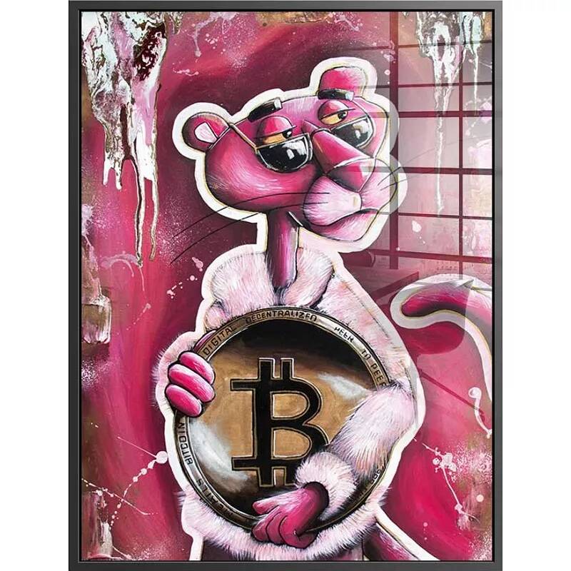 Tableau acrylique Panthère Rose Bitcoin noir
