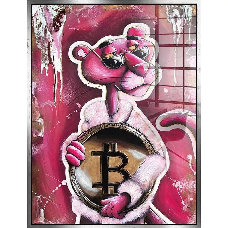 Tableau acrylique Panthère Rose Bitcoin argent antique