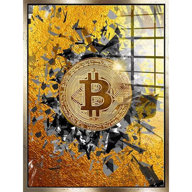 Tableau acrylique Éclat Bitcoin doré antique
