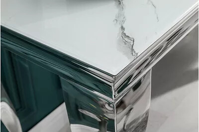 Console en verre blanc aspect marbre et acier inoxydable L120