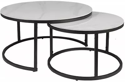 Set de 2 tables basses gigognes en céramique aspect marbre blanc et métal noir mat