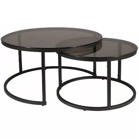 Set de 2 tables basses gigognes en verre gris fumé et métal noir mat Ø80