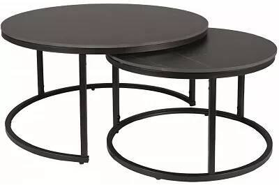 Set de 2 tables basses gigognes en céramique aspect marbre noir et métal noir mat