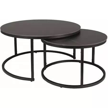Set de 2 tables basses gigognes en céramique aspect marbre noir et métal noir mat Ø80