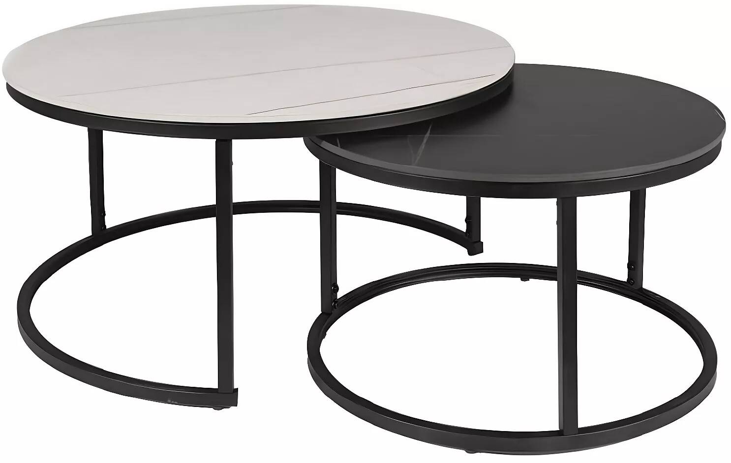 Set de 2 tables basses gigognes en céramique aspect marbre blanc et noir et métal noir mat