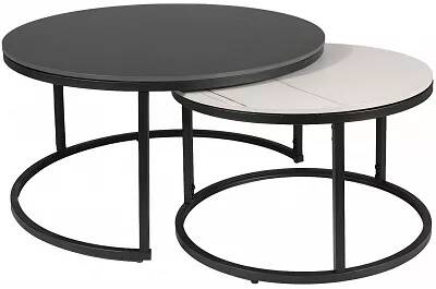 Set de 2 tables basses gigognes en céramique aspect marbre noir et blanc et métal noir mat