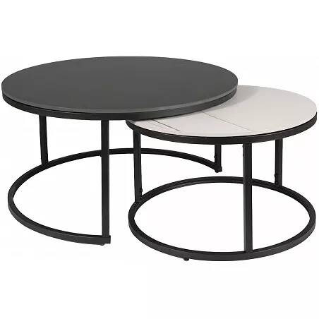 Set de 2 tables basses gigognes en céramique aspect marbre noir et blanc et métal noir mat Ø80