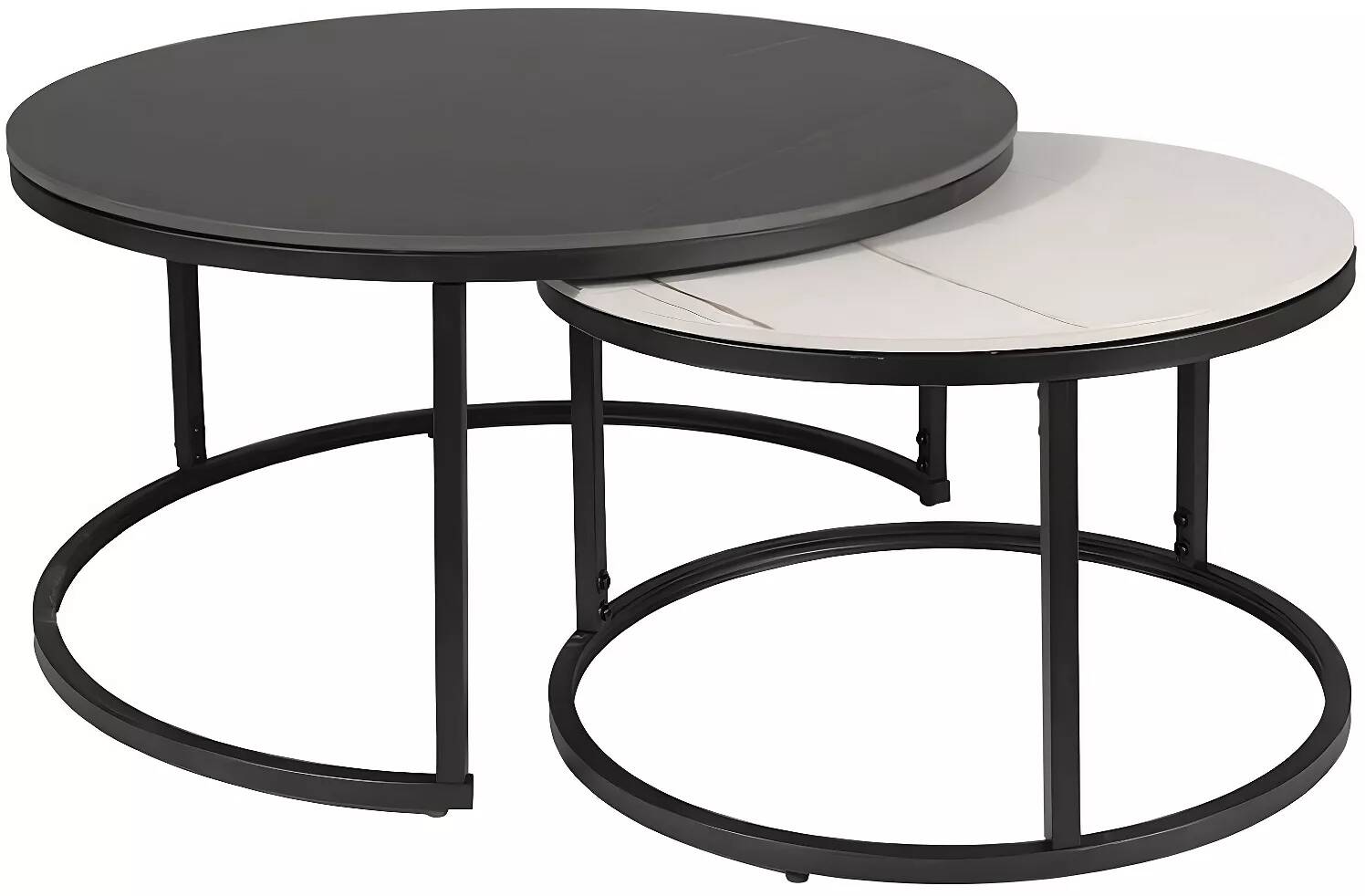 Set de 2 tables basses gigognes en céramique aspect marbre noir et blanc et métal noir mat
