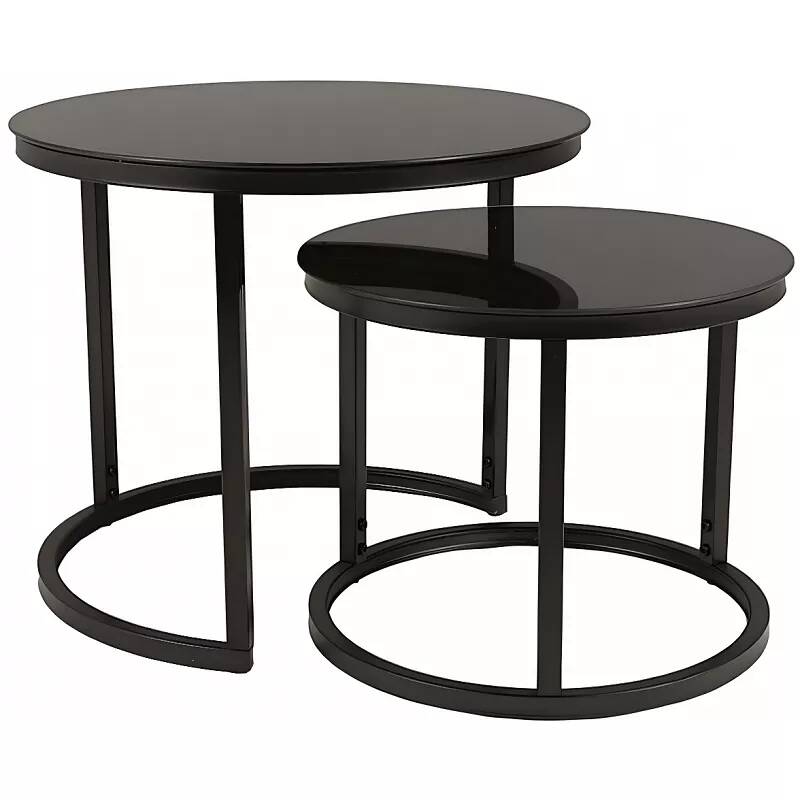 Set de 2 tables d'appoint gigognes en verre noir et métal noir Ø53