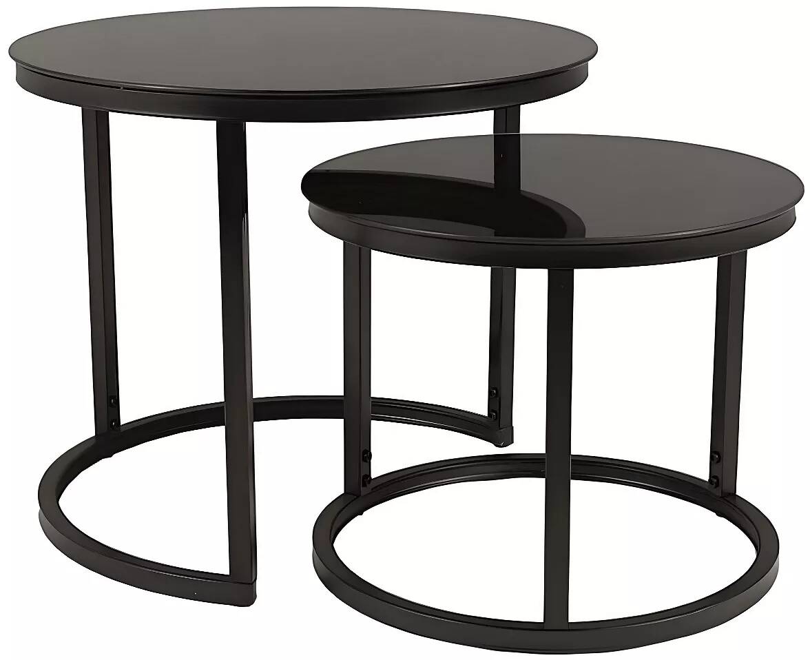 Set de 2 tables d'appoint gigognes en verre noir et métal noir Ø53