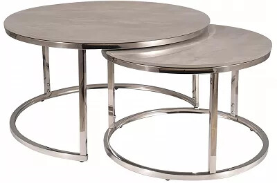 Set de 2 tables basses gigognes en céramique aspect marbre gris et acier chromé Ø80