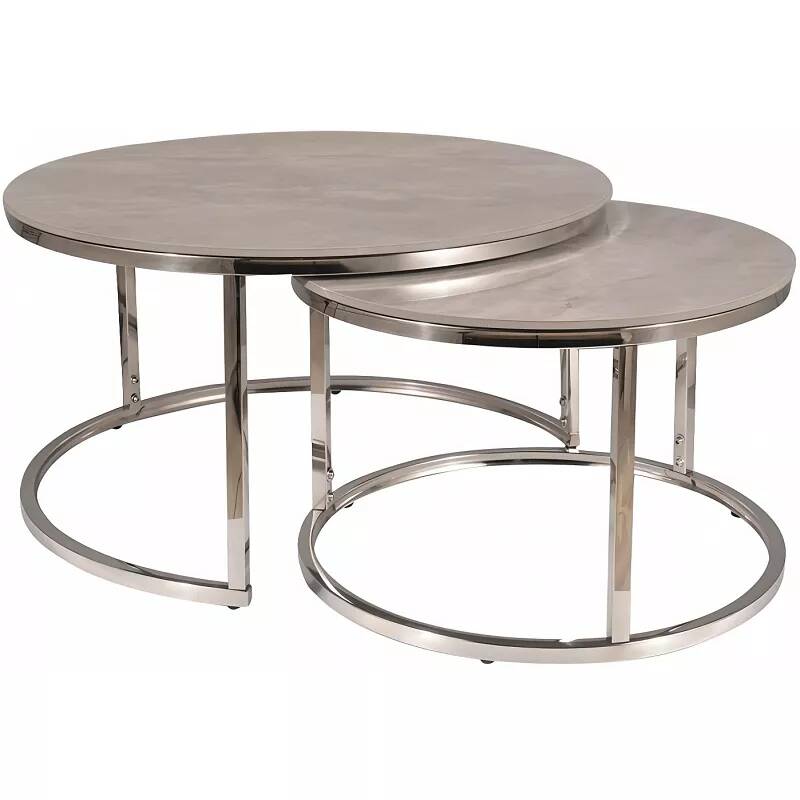Set de 2 tables basses gigognes en céramique aspect marbre gris et acier chromé Ø80