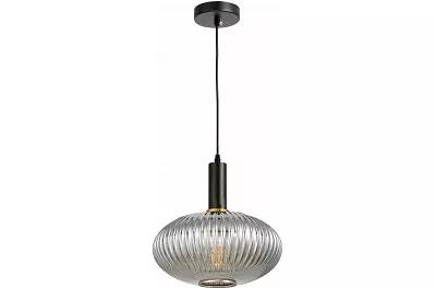 Lampe suspension en verre gris fumé et métal noir et doré Ø30