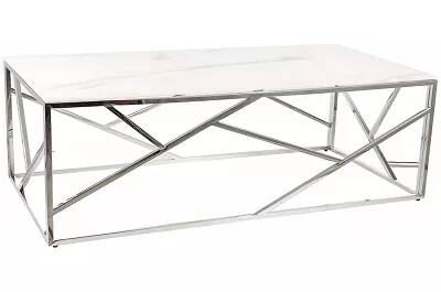 Table basse design en verre aspect marbre blanc et acier chromé L120