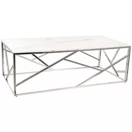 Table basse design en verre aspect marbre blanc et acier chromé L120