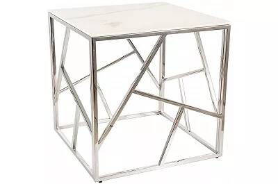 Table d'appoint en verre aspect marbre blanc et acier chromé Ø55