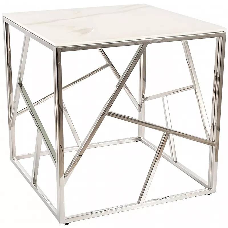 Table d'appoint en verre aspect marbre blanc et acier chromé Ø55