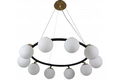 Lampe suspension en verre blanc et métal noir et laiton Ø70