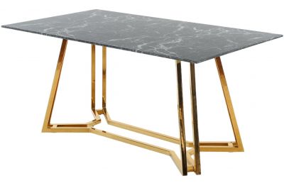 Table de salle à manger en verre aspect marbre noir et acier doré L