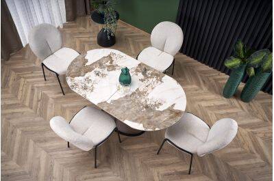 Table à manger extensible en céramique aspect marbre beige et acier cappuccino L160-200