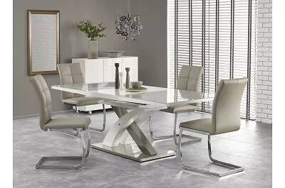 Table à manger extensible blanc laqué et verre gris L160-220