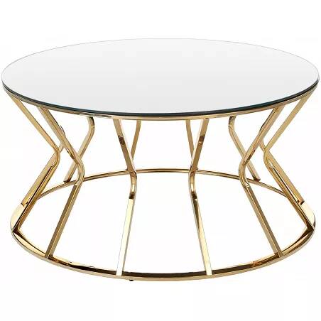 Table basse design en inox doré et verre miroir Ø90