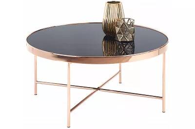 Table basse design en verre noir et métal cuivré Ø82