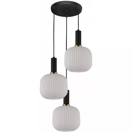 Lampe suspension en verre blanc et métal noir et doré Ø60