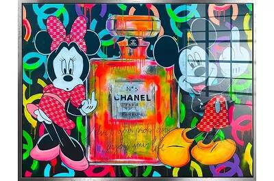 Tableau acrylique Mickey et Minnie Chanel argent antique