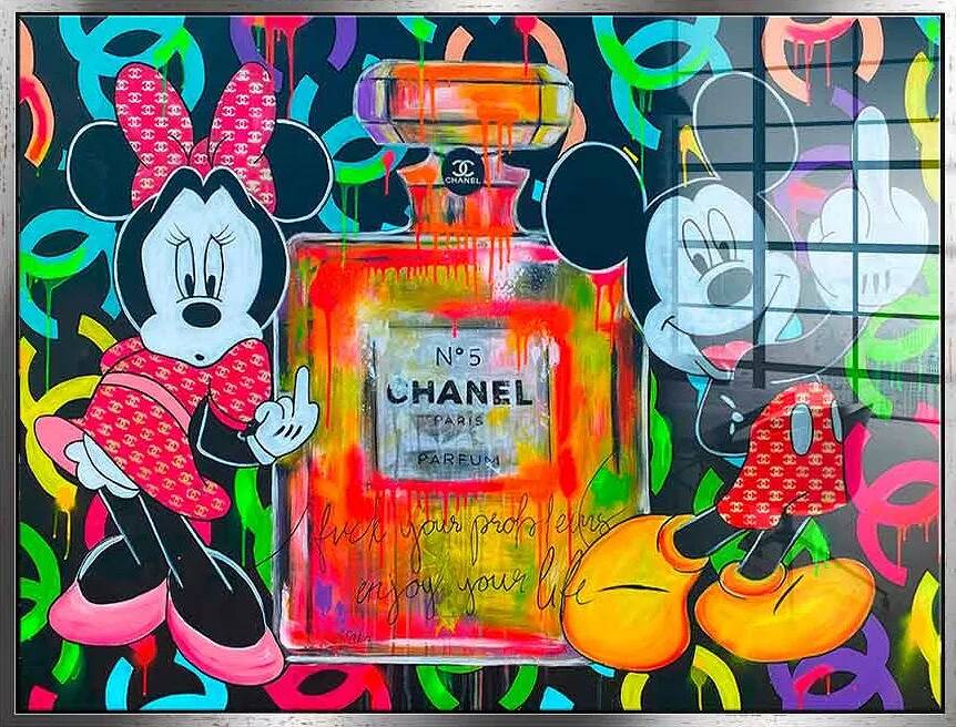 Tableau acrylique Mickey et Minnie Chanel argent antique