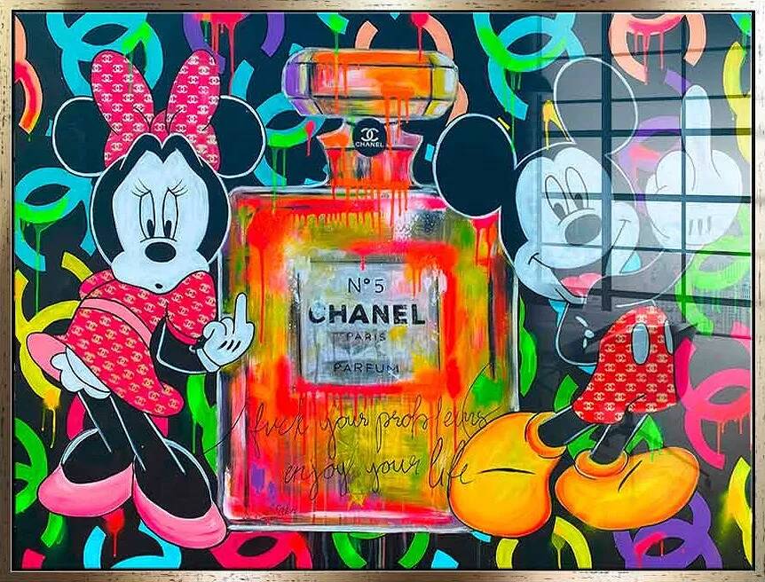 Tableau acrylique Mickey et Minnie Chanel doré antique