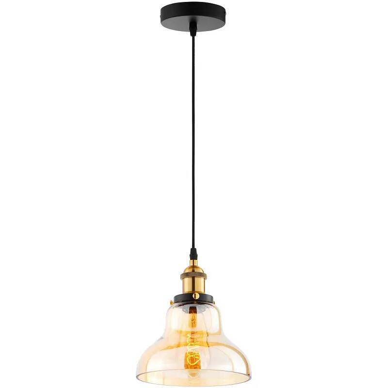 Lampe suspension en verre ambre et métal noir et laiton Ø20