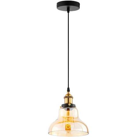 Lampe suspension en verre ambre et métal noir et laiton Ø20