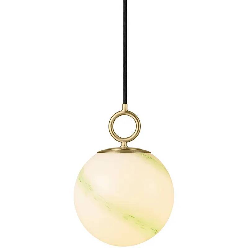 Lampe suspension en verre aspect marbre vert et métal laiton Ø18
