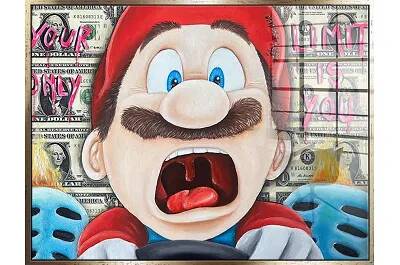 Tableau acrylique Screaming Mario doré antique