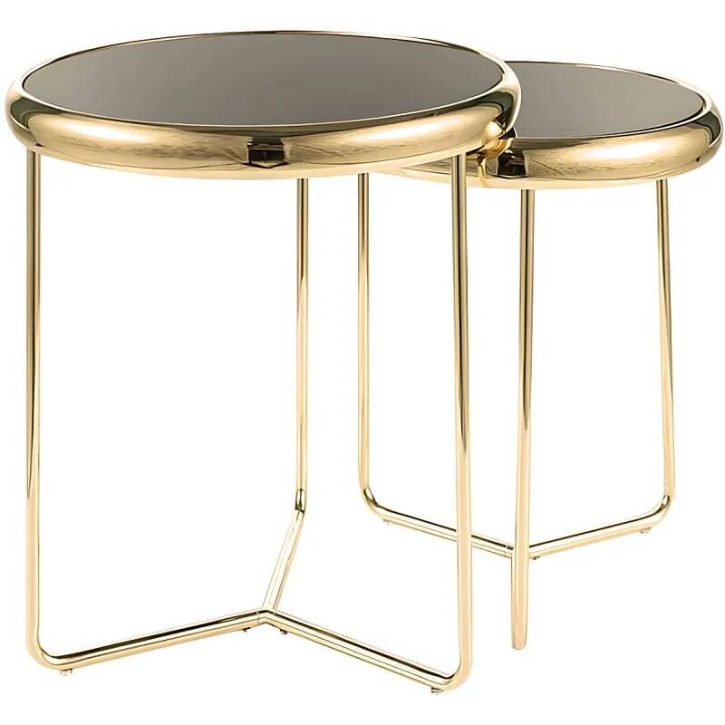 Set de 2 tables d'appoint en métal doré et verre noir Ø47