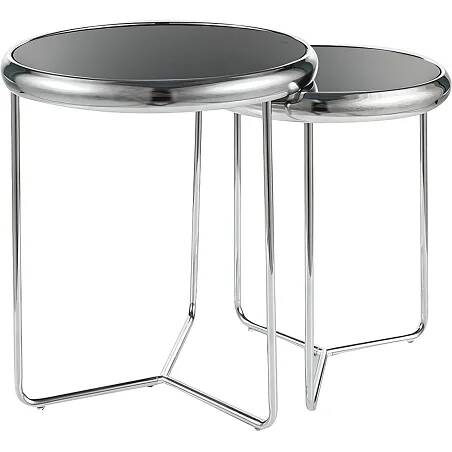 Set de 2 tables d'appoint en métal chromé et verre noir Ø47