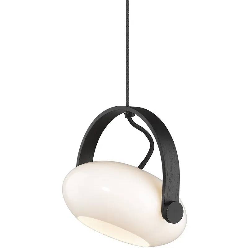 Lampe suspension en verre blanc et bois noir Ø18
