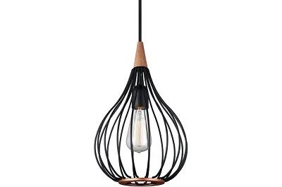 Lampe suspension en métal noir et cuivre et bois mahogany Ø23