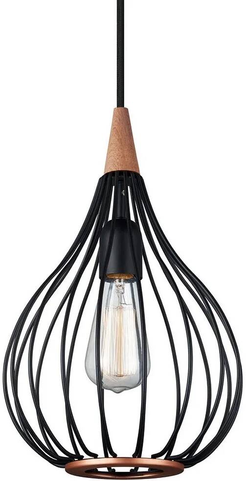 Lampe suspension en métal noir et cuivre et bois mahogany Ø23